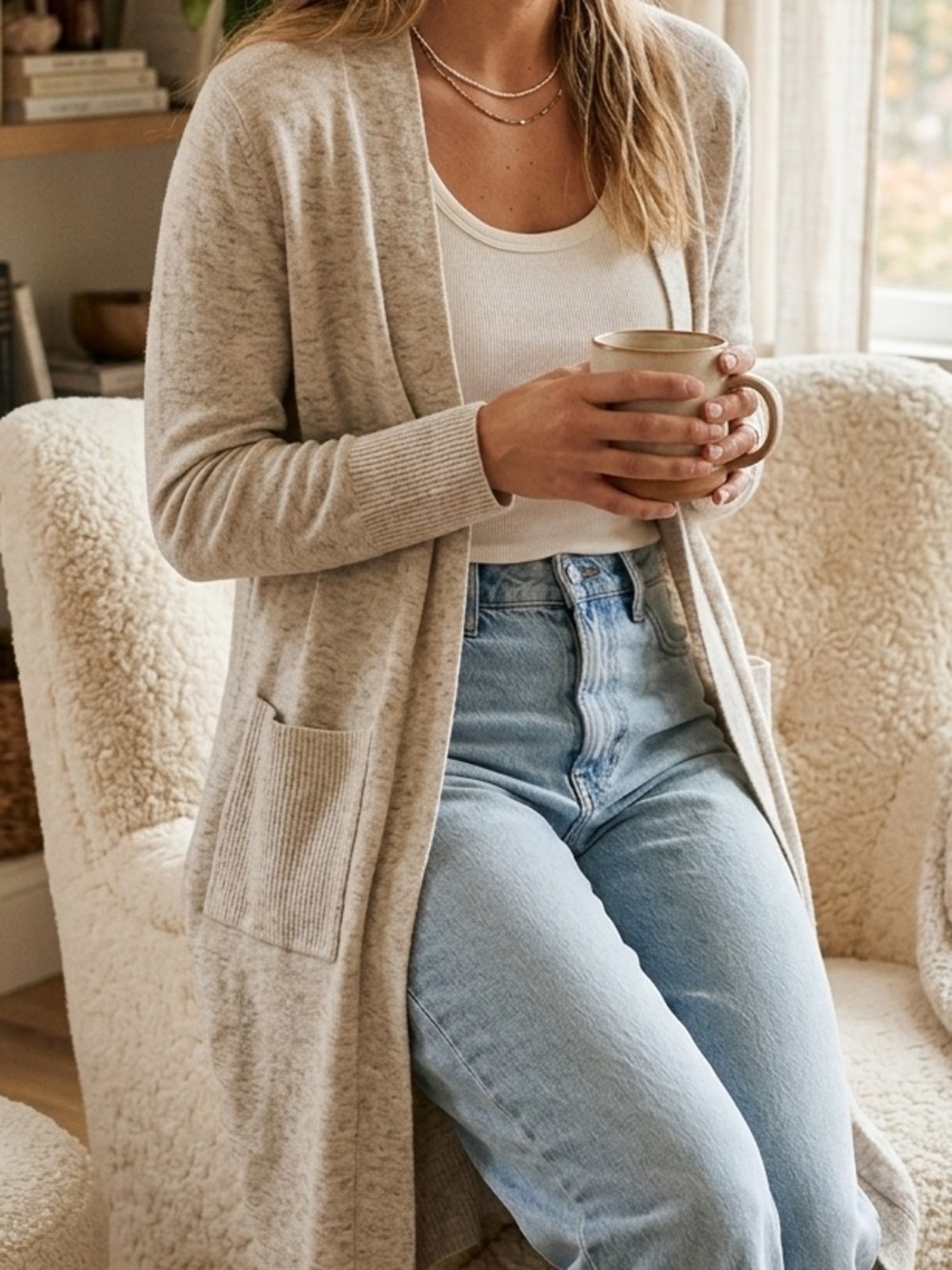 Cozy Open-Front Long Cardigan Sweater in Oatmeal
